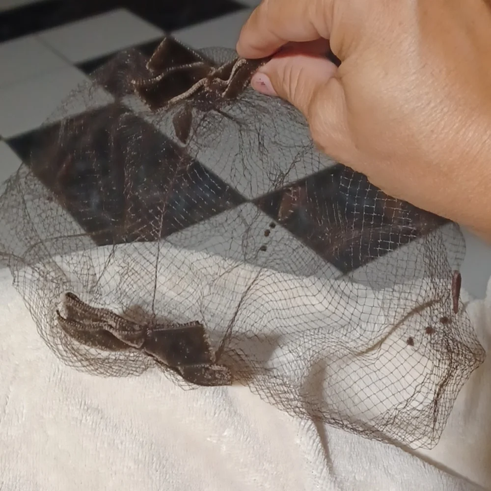 Vintage Set of 2 Net Veils, dark brown velvet bows and tear drops, tan velvet